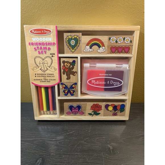 NEW Melissa & Doug WOODEN STAMP SET FRIENDSHIP - Colored Pencil And Stamps NIB - Picture 1 of 6